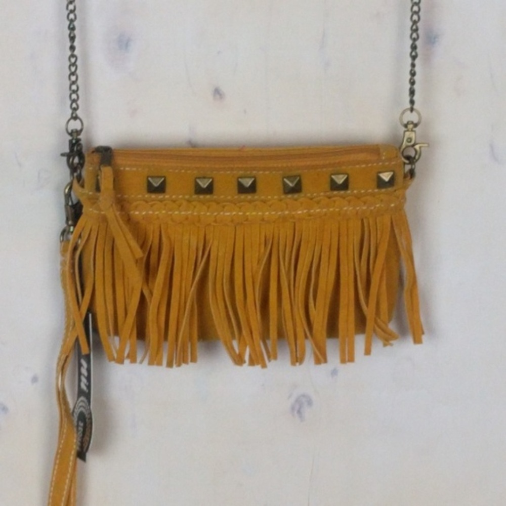 yellow faux leather fringe clutch cross body chain